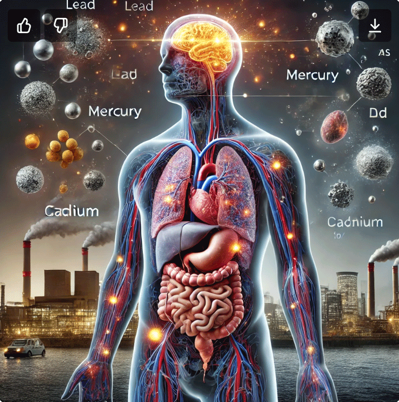 Functional GYN site showing a human body showing internal organs surrounded by toxic environment showing metals and toxins